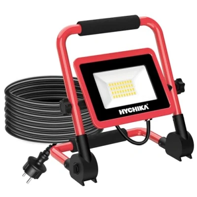 Image de HYCHIKA 30W Projecteur de Chantier LED, 3500LM Lampe 6500K Blanc, IP65 Imperméable, LED Portable, Rotation à 360, Super Brillante, Câble 2 m avec Prise