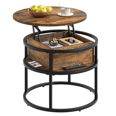 Image de YITAHOME Table Basse Relevable avec Rangement Caché, 60x60X47cm, Ronde Salon Cadre Métallique Robuste, Forte Charge Portante
