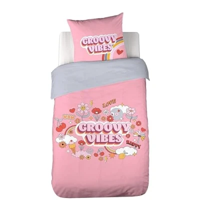 Image de CÔTE DECO Parure de lit imprimée 140x200 cm Enfant Housse Couette + 1 Taie d&#039;oreiller 63x63 Motif Groovy Vibes Rose et Gris Sets en Microfibre