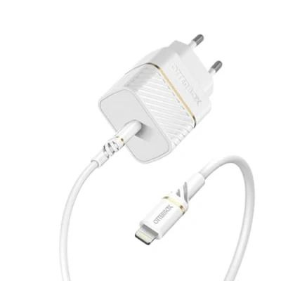 Image de Otterbox Pack USB C PD EU Chargeur Mural 20W + Cable vers Lightning renforcé, certifié MFi, Bundle Fast Charger pour iPhone et iPad, Testé Contre Les Chutes, Robuste, Ultra Durable, Blanc
