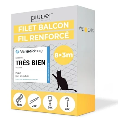 Image de PiuPet® Filet de Protection Chat I 8x3m renforcé avec Corde Fixation sécurité Extra Large Balcon Escalier