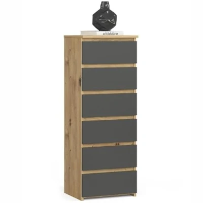 Image de Commode haute à 6 tiroirs Dimensions 40x35x109 de chambre Meuble d&#039;appoint aspect bois Chêne et Gris