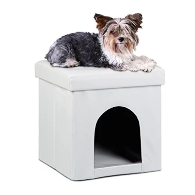 Image de Relaxdays 10019046 Maison pour petits chiens et chats pliable pliante banc en similicuir confortable Tabouret abri panier malle cube niche HxlxP : 38 x cm repose pieds couvercle amovible, blanc