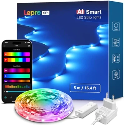 Image de Lepro SE1 IA Ruban Led RGB Connecté WiFi 5M, Éclairage généré par LLM, Chambre Contrôlé APP, Sync Musique, Compatible avec Alexa et Google Assistant