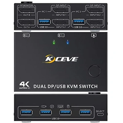 Image de DP KVM Switch 2 Ordinateurs Moniteurs, Deux Moniteurs Displayport USB 3.0 Commutateur, Prend en Charge 4K @ 60Hz Pour qui partagent clavier, souris et moniteur