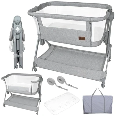 Image de Twinly Lit Cododo Bébé Berceau Pliable et Réglable COMFORTLY 2 en 1, 0 6 Mois, 5 Hauteurs, Matelas Confort, Côtés Filet, 4 Roues, Sac de Voyage, Facile à Transporter (Grey)