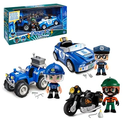 Image de Pinypon Action Pack Véhicules avec Quad, Voiture et Moto, 3 Figurines différentes 2 poupées policières Un Voleur, Jouet Exclusif, pour garçons Filles à partir de Ans