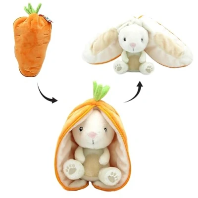Image de LES DÉGLINGOS FLIPETZ Doudou Gadget Le Lapin/Carotte Lapin Cache réversible Peluche Toute Douce pour bébé Idées Cadeaux de Naissance, Orange et Blanc