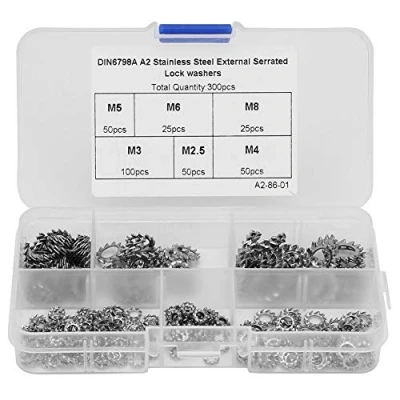 Image de 300 pcs Rondelles Verrouiller Étoile Rondelle Assortiment En Acier Inoxydable M2.5 M3 M4 M5 M6 M8 Externe Dentée Vis Écrou Plat Joint Outil De Fixation