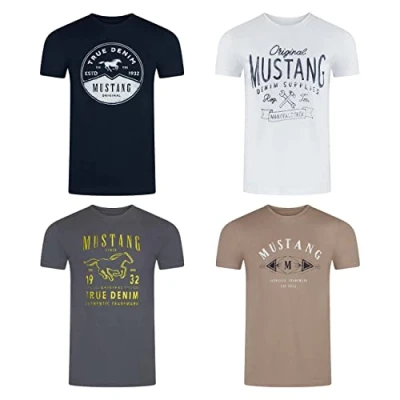 Image de Mustang Lot de 4 t Shirts pour Homme Imprimé sur Le Devant Col Rond Manches Courtes 100% Coton Noir Blanc Gris Bleu Vert, Mélange Couleurs (P23), XL