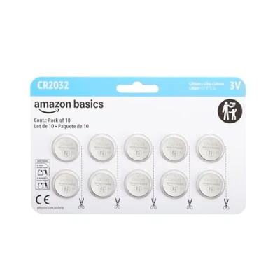 Image de Amazon Basics Lot de 10 piles bouton CR2032 au lithium, 3 volts, longue durée vie, sans mercure