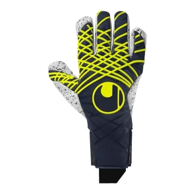 Image de uhlsport Football Gants de Gardien But Prediction Supergrip+ Finger Surround, Marine/Blanc/Jaune Fluo