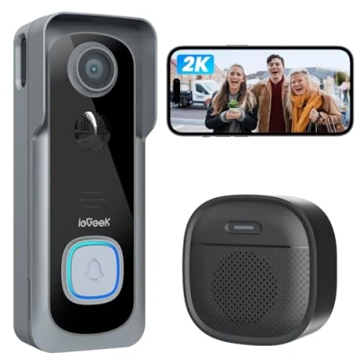 Image de ieGeek Sonnette sans Fil avec Camera, 2K Exterieur Etanche IP66, Vidéo Gris aucuns Frais Mensuels, Changeur de Voix, Audio Bidirectionnel, Détection Humaine PIR, 2.4G WiFi