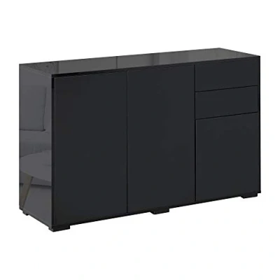 Image de HOMCOM Commode Buffet Meuble de Rangement 2 tiroirs coulissants 3 Portes étagère réglable Panneaux Particules 117 x 36 74 cm Noir