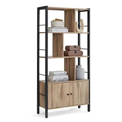 Image de VASAGLE Étagère, Bibliothèque à 4 Niveaux, Meuble de Rangement, Placad, avec Portes, Grand, Cadre en Acier, pour Salon, Bureau, Chambre, Style Industriel, Marron Camel et Noir d&#039;encre LBC022B50