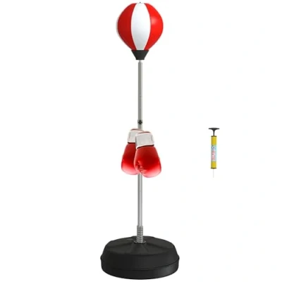 Image de HOMCOM Sac de Frappe sur Pied Punching Ball réglable en Hauteur 126 144 cm avec Gants, Pompe et Base lestage pour Enfants débutants Rouge