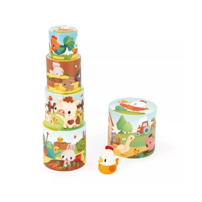 Image de Janod Ma Première Pyramide Animaux de la Ferme Jouet d&#039;Éveil 5 Cubes à Empiler + 1 Poule en Bois Développe Dextérité et Imagination Dès 12 Mois,J03310, Vert/Rose