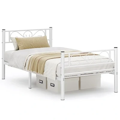Image de VASAGLE Lit Simple, 1 Personnes, en Métal, Convient pour Matelas de 90 x 190 cm, Montage Facile, Petits Espaces, Chambre d’Amis, Ado, Blanc RMB061W01