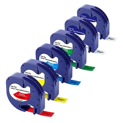 Image de BIGGER Ruban pour étiqueteuse Compatible Dymo Letratag étiqueteuse, 12267 91201 91202 91203 91204 91205, 12mm x 4m, Plastique, avec LT 100T, XM, XR, 2000, QX50, 6 Paquets