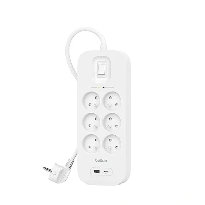 Image de Belkin Multiprise parafoudre avec USB 6 Prises (Montage Mural, Cordon d&#039;alimentation de 2 m, Voyant Lumineux Vert, 1 Port C et A, Recharge Rapide PD, Protection jusqu&#039;à 650 Joules)