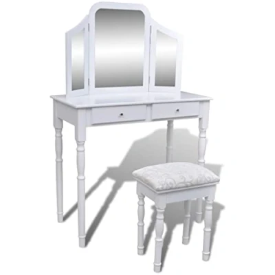 Image de vidaXL Coiffeuse avec miroir et tabouret 2 tiroirs Blanc