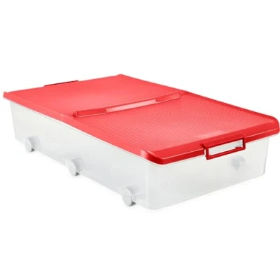 Image de Tatay Boîte de rangement sous lit avec couvercle à double ouverture, 63 l capacité, poignées et roulettes, 100% matériaux recyclés, sans BPA, rouge. Dimensions 45 x 78 18 cm