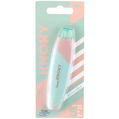 Image de Pentel Correction tape Knoky XZTT805K WY Ruban correcteur rétractable par bouton poussoir et rechargeable, bande 5 mm x 6 m, corps pastel vert clair + corail