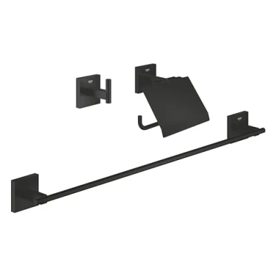 Image de GROHE Start Cube Set d&#039;Accessoires 3 in 1 (Patère Murale, Dérouleur Papier Mural et Barre Porte Serviettes), A coller avec QuickGlue ou à visser, Noir Mat, 411242430