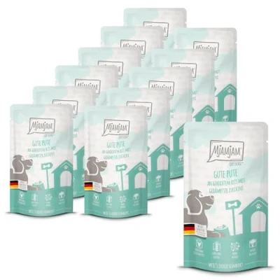 Image de MjAMjAM Nourriture humide premium pour chiens Quetschie viande de dinde savoureuse accompagnée riz cuit et courgettes à la vapeur, pack 12 (12 x 125g)