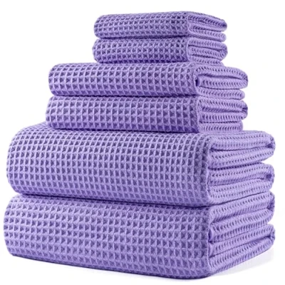 Image de POLYTE Lot de 6 serviettes bain surdimensionnées en microfibre non pelucheuses, à séchage rapide, 152,4 x 76,2 cm, violet (tissage gaufré)