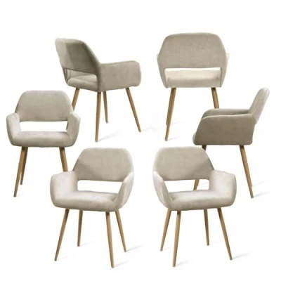 Image de MEUBLE COSY Lot de 6 Chaises Salle à Manger Fauteuil Assise rembourrée en Tissu Pieds métal Imitation Bois pour Cuisine Salon Chambre Bureau, Beige, Acier allié, 56x56x78cm