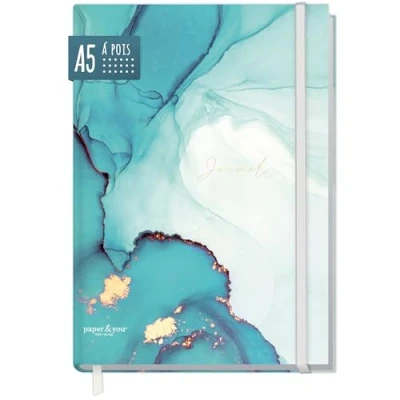 Image de Trendstuff by Häff Bullet journal à pois, A5, avec bande élastique, au motif « Or émeraude », 156 pages, carnet intime, durable et neutre pour le climat