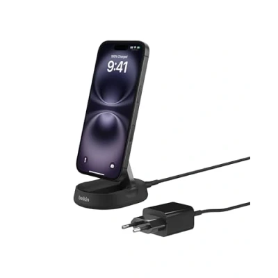 Image de Belkin BoostCharge Pro chargeur sans fil magnétique et pliable, Qi2 15W, support de recharge Qi2, induction compatible MagSafe, pour Apple iPhone 15, 14, 13, 12, AirPods Pro, noir