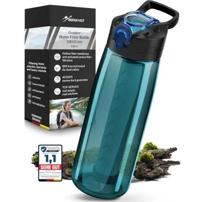 Image de BERGKVIST® Gourde filtrante d&#039;eau extérieure OBSIDIAN (650ml) Bouteille pour une eau potable propre Traitement de l&#039;eau l&#039;équipement camping et survie turquoise