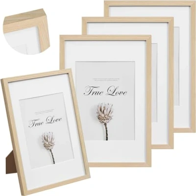 Image de EUGAD Lot de 3 Cadre Photo, Photo avec Passe Partout, en Bois Massif et Plaque Plastique, Mural A4, à Poser sur Table, pour Salon, Chambre, Entrée, Bureaux, Naturel