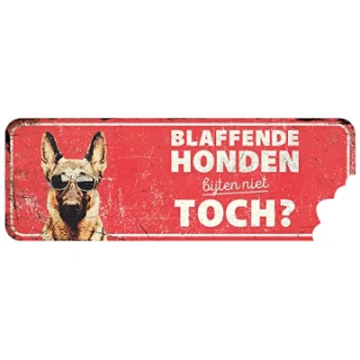 Image de D&amp;D Home, Panneau d&#039;avertissement Attention au Chien, 40x13x0,3 cm, Version néerlandaise, Fond Rouge, en métal résistant à la Rouille avec Un Texte Amusant