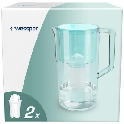 Image de Wessper Carafe Filtrante Aqua Classic Basic 2,5 L, Compatible avec Filtres pour Pichet Brita Classic, Système de Filtration l’eau qui Réduit le Calcaire, Contient 2x Cartouches Filtrantes, Menthe