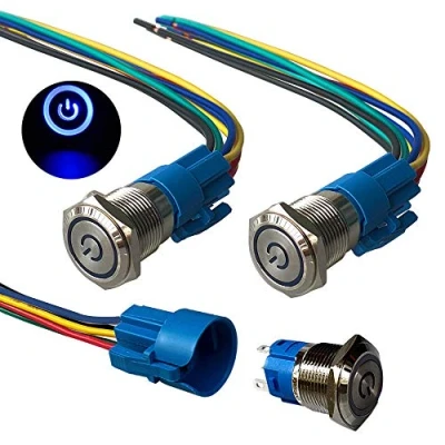 Image de QitinDasen 3Pcs Premium 12V / 24V 5A Interrupteur à Bouton Poussoir Auto Bloquant, Commutateur 19mm, Bleu LED Etanche IP67 avec Fil de Prise Courant