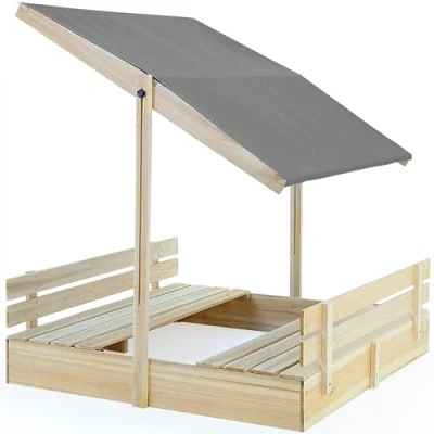 Image de Spielwerk® Bac à Sable en Bois d&#039;épicéa 120x120cm avec Toit réglable Anthracite bancs Protection UV Jeu Enfants extérieur