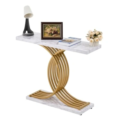 Image de VEVOR Table Console étroite pour canapé, 100 x 30 81 cm, d&#039;entrée Longue à 1 Niveau, Meuble avec Cadre en métal, Couloir, Salon et Chambre Coucher, Imitation marbre Blanc