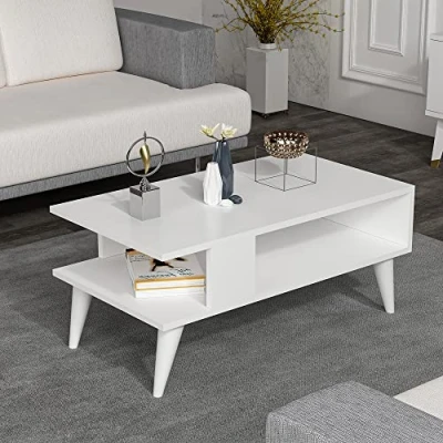 Image de [en.casa] Table Basse Design Rectangulaire pour Salon avec Surface de Rangement Panneau Particules Mélaminé Bois 40 x 90 45 cm Blanc