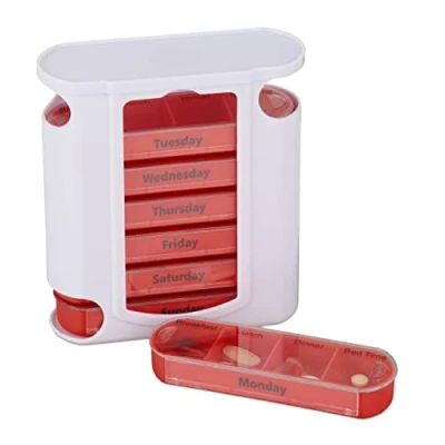 Image de Relaxdays 10023633_358 Pilulier 7 jours 4 compartiments anglais boîte médicaments semainier matin midi soir nuit, blanc rouge, Plastique, 13 x 11,5 4,5 cm