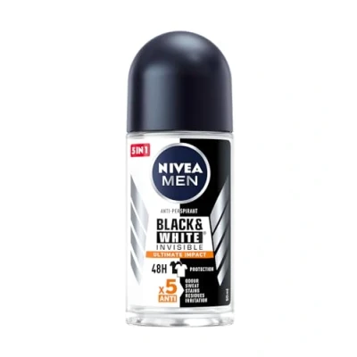 Image de Nivea Roll On Men 50 ml (lot de 6) Invisible for Black &amp; White Ultimate Impact protection longue durée contre les taches jaunes 48 heures avec soin la peau