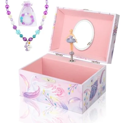 Image de Homtibrm boîte à bijoux musicale pour filles avec ensemble de licorne, enfants ballerine rotative, cadeau d&#039;anniversaire filles, Swan Lake Tune