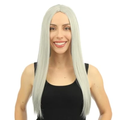 Image de P&#039;TIT CLOWN Perruque Femme Longue Raide Idéale pour une Soirée Déguisée, Carnavals, Célébrations Cheveux en Polyester (Gris, 60 cm)