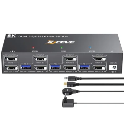 Image de Switch KVM USB 3.0 DP 2 moniteurs 3 ordinateurs, YOUTINGHDAV 4K @ 144 Hz, Swutch Dual Monitor Displayport 1.4, commutateur partager 4 périphériques clavier souris