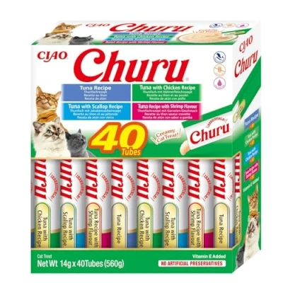 Image de INABA Churu Friandises pour Chats en Purée aux 4 Saveurs de Fruits Mer et Thon Délicieux Snacks Félins Texture Lisse Onctueuse Nourriture 40 Tubes x 14g