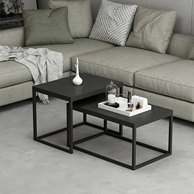 Image de [en.casa] Set de 2 Tables Basses Rectangulaires Gigognes Tailles Différentes pour Salon Chambre Panneau Particules Métal Noir Mat