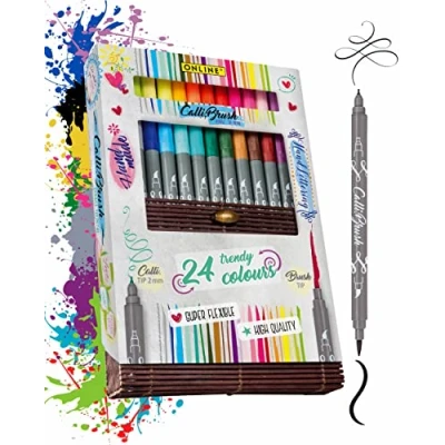 Image de Online Calli.Brush Lot de 24 stylos à double pointe avec calligraphie et pinceau Couleurs intenses dans un coffret cadeau