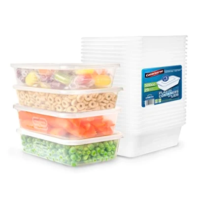 Image de Lot de 25 récipients en plastique réutilisables avec couvercles (500 ml) pour le stockage des aliments et la préparation repas, passent au micro ondes lave vaisselle, sans BPA recyclables